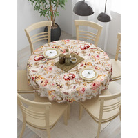 Clasiko 100% Cotton 6 Seater Round Table Cover; 72x72 Inches; Multicolor Flowers On Beige