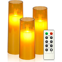 LTETTES Flickering Flameless Battery Operated Acrylic Fiber Led Pillar Candles With Remote Control And Timer For Home Decorations,Festive,Valentine,Weddings(2.3 D 5.5X6.57.5 H)Set Of 3(Gold)