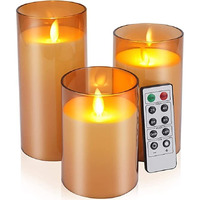 LTETTES Flameless LED Candles AA Battery Powered with Golden Acrylic Fiber Glass with Remote Controller and Timer for Home Festival Wedding Decor (Set of 3-3 D x 4,5,6 H)