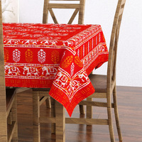 BLOCKS OF INDIA Hand Block, Batik Printed Cotton Rectangular Table Cloth for 6 Seater Dining Table (60 Inch X 90 Inch, Red Elephant, Pack of 1)