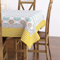 BLOCKS OF INDIA TABLE CLOTH for 6 SEATER (YELLOW GREEN CIRCLE)