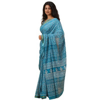JALTHER Handicrafts Womens Ikat Hand Block Print Jaipuri Cotton Mulmul Saree Zari Border with Blouse Piece_Turquiose_5
