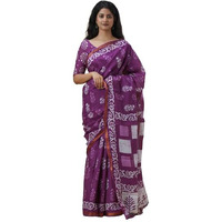 JALTHER Handicrafts Womens Ikat Hand Block Print Jaipuri Cotton Mulmul Saree Zari Border with Blouse Piece_Purple_6