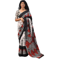 JALTHER Handicrafts Womens Ikat Hand Block Print Jaipuri Cotton Mulmul Saree with Blouse Piece - Red_296