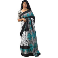 JALTHER Handicrafts Womens Ikat Hand Block Print Jaipuri Cotton Mulmul Saree with Blouse Piece - Turquiose_295
