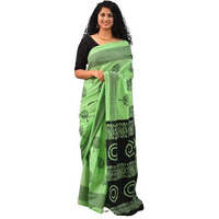 JALTHER Handicrafts Womens Ikat Hand Block Print Jaipuri Cotton Mulmul Saree with Blouse Piece - Green