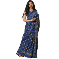 Jalther Handicrafts Womens Ikat Hand Block Print Jaipuri Cotton Mulmul Saree with Blouse Piece - Blue