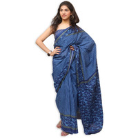 Jalther Handicrafts Womens Ikat Hand Block Print Jaipuri Cotton Mulmul Saree with Blouse Piece - Blue