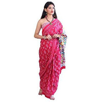 JALTHER Handicrafts Womens Ikat Hand Block Print Jaipuri Cotton Mulmul Saree with Blouse Piece - Pink