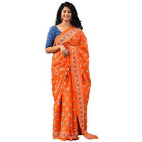 Jalther Handicrafts Womens Ikat Hand Block Print Jaipuri Cotton Mulmul Saree with Blouse Piece - Orange