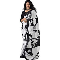 Jalther Handicrafts Womens Ikat Hand Block Print Jaipuri Cotton Mulmul Saree with Blouse Piece White