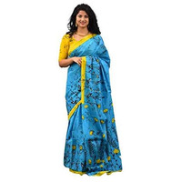 Jalther Handicrafts Womens Ikat Hand Block Print Jaipuri Cotton Mulmul Saree with Blouse Piece - Blue