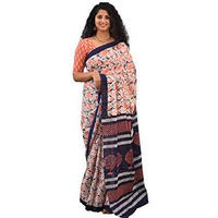 Jalther Handicrafts Womens Ikat Hand Block Print Jaipuri Cotton Mulmul Saree with Blouse Piece - White_Pink