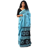 Jalther Handicrafts Womens Ikat Hand Block Print Jaipuri Cotton Mulmul Saree with Blouse Piece - Blue