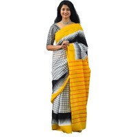 Jalther Handicrafts Womens Ikat Hand Block Print Jaipuri Cotton Mulmul Saree with Blouse Piece Yellow