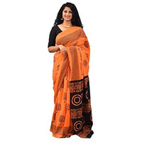 JALTHER Handicrafts Womens Ikat Hand Block Print Jaipuri Cotton Mulmul Saree with Blouse Piece - Orange