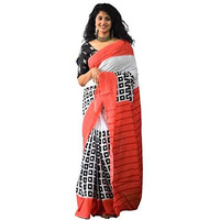 JALTHER Handicrafts Womens Ikat Hand Block Print Jaipuri Cotton Mulmul Saree with Blouse Piece Red