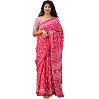 Jalther Handicrafts Womens Ikat Hand Block Print Jaipuri Cotton Mulmul Saree with Blouse Piece Pink