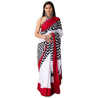 Jalther Handicrafts Womens Ikat Hand Block Print Jaipuri Cotton Mulmul Saree with Blouse Piece - White