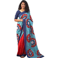 JALTHER Womens Ikat Hand Block Print Jaipuri Cotton Mulmul Saree with Blouse Piece -Blue_Jal290