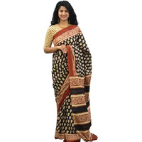 JALTHER Womens Ikat Hand Block Print Jaipuri Cotton Mulmul Saree with Blouse Piece -Black_Jal278