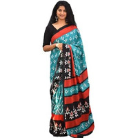 JALTHER Womens Ikat Hand Block Print Jaipuri Cotton Mulmul Saree with Blouse Piece -Green_Jal282