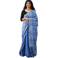 JALTHER Womens Ikat Hand Block Print Jaipuri Cotton Mulmul Saree with Blouse Piece -Blue_Jal130