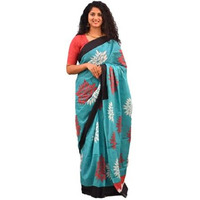 JALTHER Womens Ikat Hand Block Print Jaipuri Cotton Mulmul Saree with Blouse Piece -Turquoise_Jal289