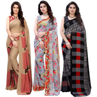 SICHI WomenS Georgette Floral Printed Saree With Blouse Combo Pack Of 3(1182SN117_1926SN306_1989SN385_Beige || Grey & Multi || Grey)
