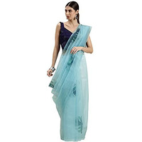 Blissta Womens Sky Blue Organza Printed Saree With Unstitched Blouse