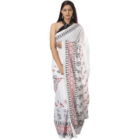 Jalther Handicrafts Womens Ikat Hand Block Print Jaipuri Cotton Mulmul Saree with Blouse Piece - White