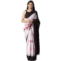 Jalther Handicrafts Womens Ikat Hand Block Print Jaipuri Cotton Mulmul Saree with Blouse Piece - White