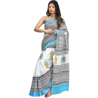 Jalther Handicrafts Womens Ikat Hand Block Print Jaipuri Cotton Mulmul Saree with Blouse Piece - White