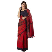 JALTHER Womens Ikat Hand Block Print Jaipuri Cotton Mulmul Saree with Blouse Piece -Red_Jal742