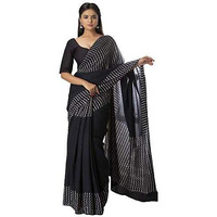 JALTHER Womens Ikat Hand Block Print Jaipuri Cotton Mulmul Saree with Blouse Piece -Black_Jal730