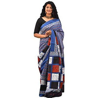 Jalther Handicrafts Womens Ikat Hand Block Print Jaipuri Cotton Mulmul Saree with Blouse Piece Blue