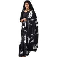 Jalther Handicrafts Womens Ikat Hand Block Print Jaipuri Cotton Mulmul Saree with Blouse Piece Black