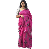 JALTHER Handicrafts Womens Ikat Hand Block Print Jaipuri Cotton Mulmul Saree with Blouse Piece -Pink