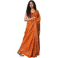 JALTHER Handicrafts Womens Ikat Hand Block Print Jaipuri Cotton Mulmul Saree with Blouse Piece - Orange