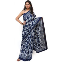 Jalther Handicrafts Womens Ikat Hand Block Print Jaipuri Cotton Mulmul Saree with Blouse Piece - Blue