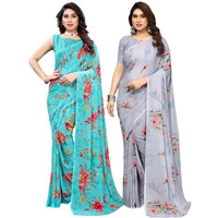 Satrani Womens Pure Georgette Saree (1850S176N_3112S2152N_Aqua Blue | Grey)