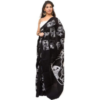 Jalther Handicrafts Womens Ikat Hand Block Print Jaipuri Cotton Mulmul Saree with Blouse Piece Black