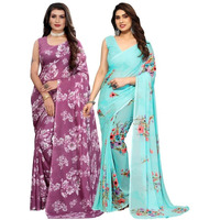 Satrani Womens Pure Georgette Saree (2024S566N_3112S2155N_Mauve Purple | Sky Blue)