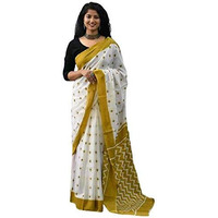 Jalther Handicrafts Womens Ikat Hand Block Print Jaipuri Cotton Mulmul Saree with Blouse Piece - White