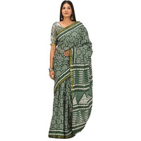 JALTHER Handicrafts Womens Ikat Hand Block Print Jaipuri Cotton Mulmul Saree Zari Border with Blouse Piece_Green_34