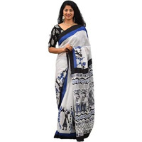 JALTHER Handicrafts Womens Ikat Hand Block Print Jaipuri Cotton Mulmul Saree with Blouse Piece -Blue_Sup332