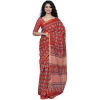 JALTHER Handicrafts Womens Ikat Hand Block Print Jaipuri Cotton Mulmul Saree Zari Border with Blouse Piece_Red_19