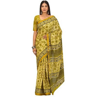 JALTHER Handicrafts Womens Ikat Hand Block Print Jaipuri Cotton Mulmul Saree Zari Border with Blouse Piece_Mehendhi_32