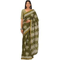 JALTHER Handicrafts Womens Ikat Hand Block Print Jaipuri Cotton Mulmul Saree Zari Border with Blouse Piece_Green_33