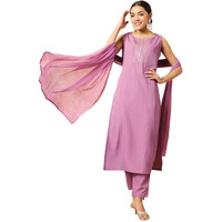 Womens Purple Silk Blend Embroidered Straight Kurta with Silk Blend Pant and Nazneen Laced Dupatta Sets (NX-P-473-Purple-L)
